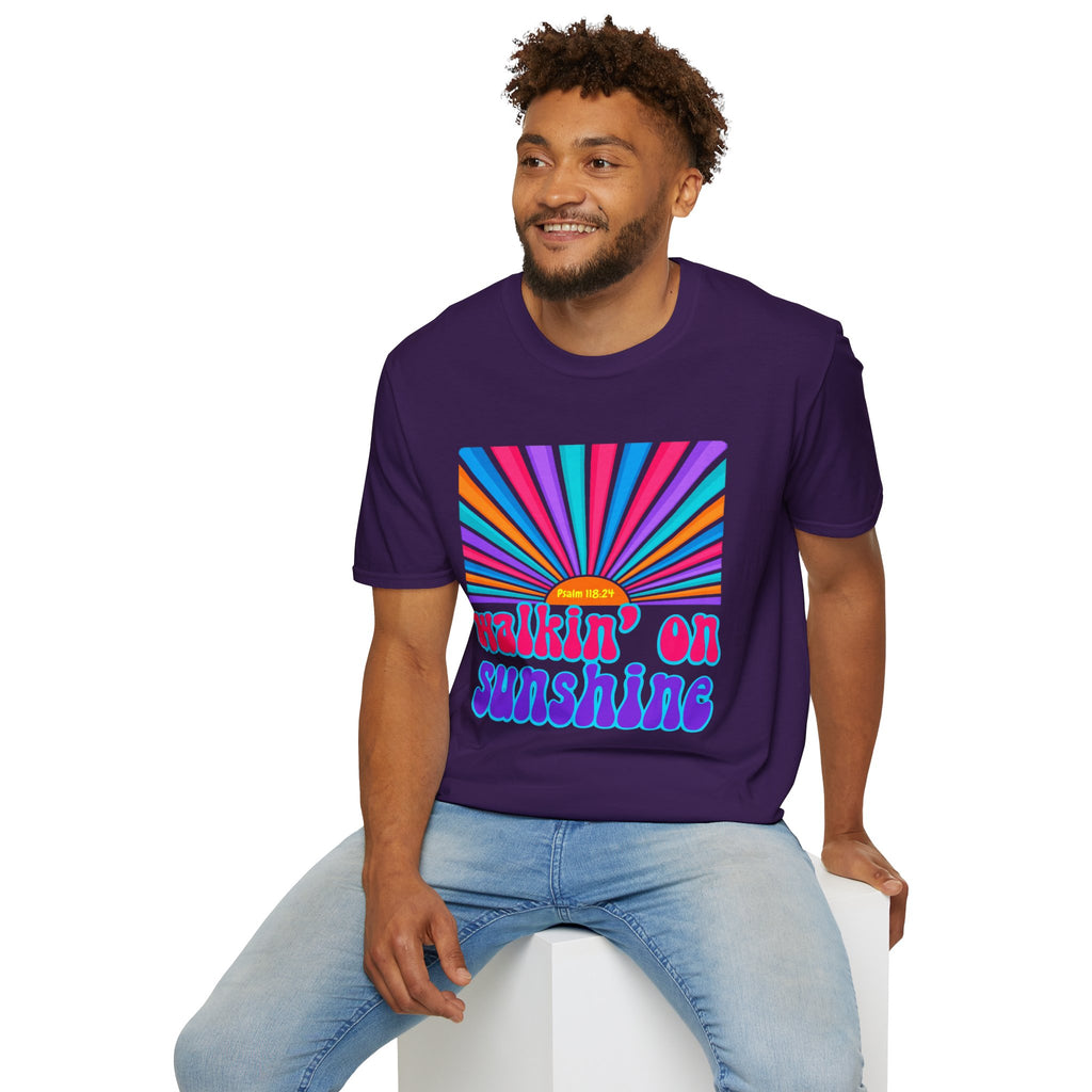 Walkin' On Sunshine Lords Glory with Lori Psalm 118:24 Retro T-Shirt — 70s Rainbow Sun Graphic Tee