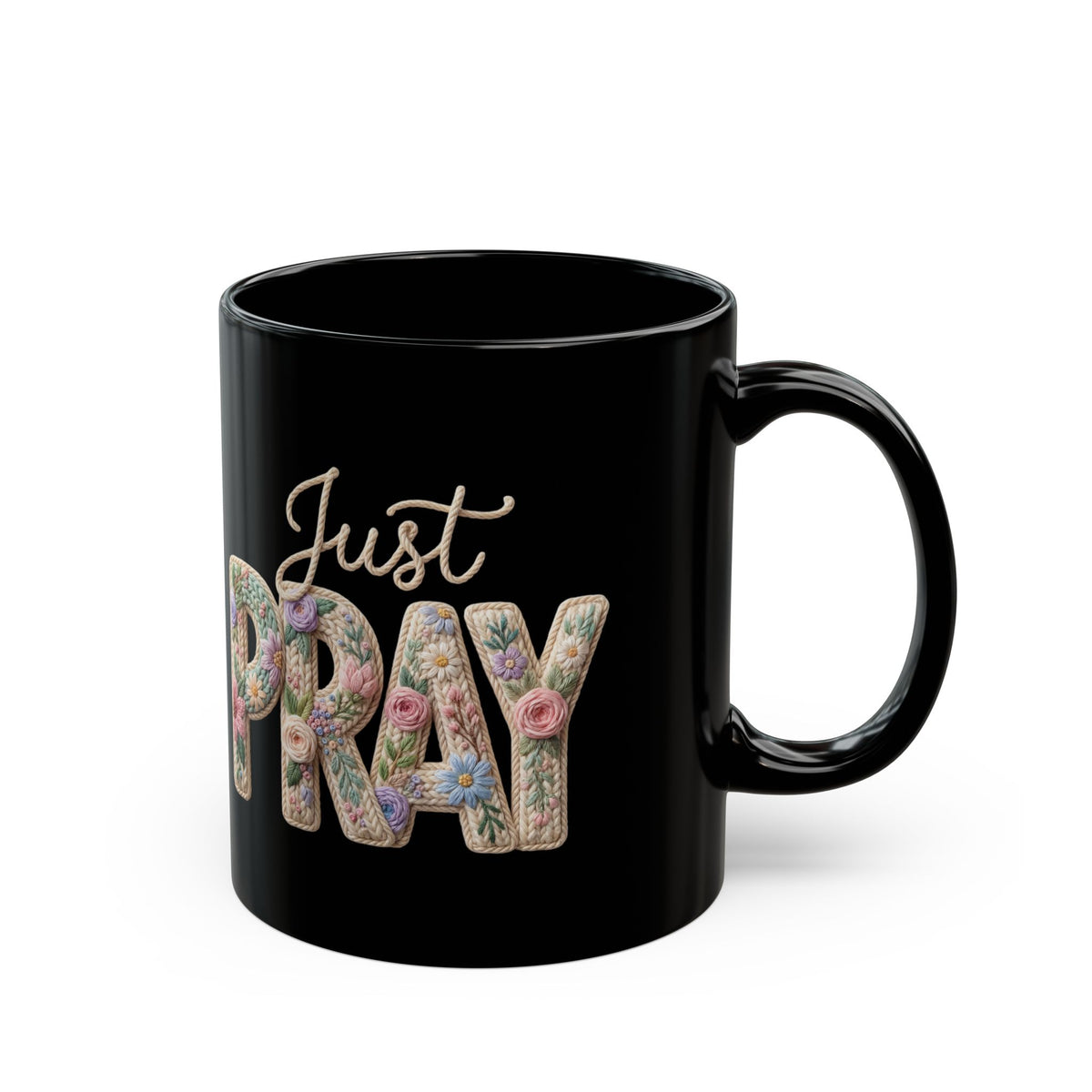 Just Pray floral typography Mug | Black coffee cup