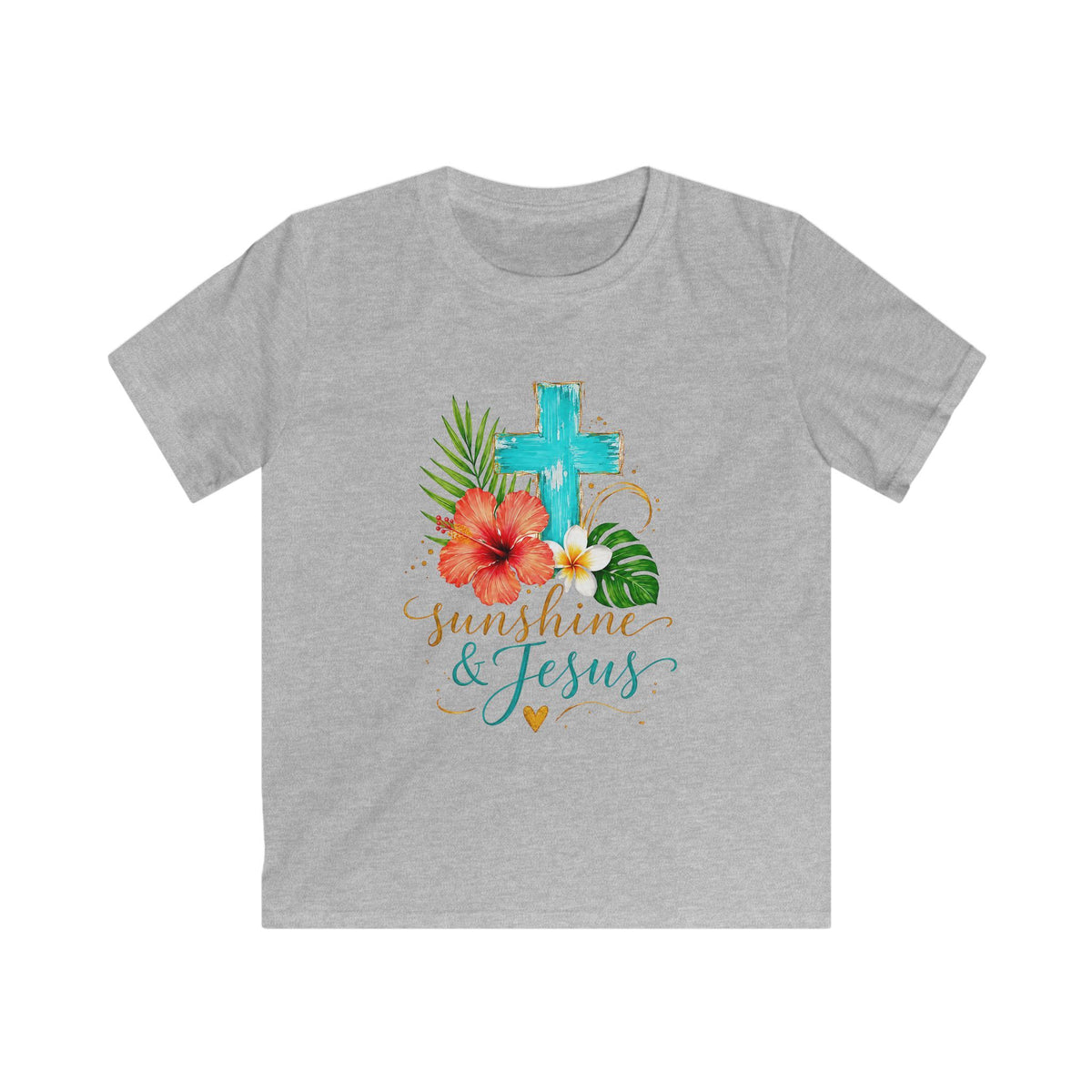 Kids Tee — Sunshine & Jesus Floral Cross Christian Graphic