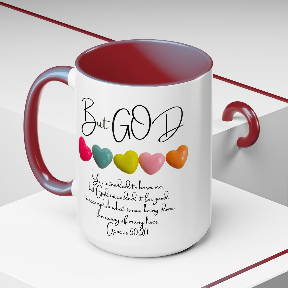 But God Scripture Coffee Mug — Genesis 50:20 Inspirational Heart Accent Mug (11/15oz)