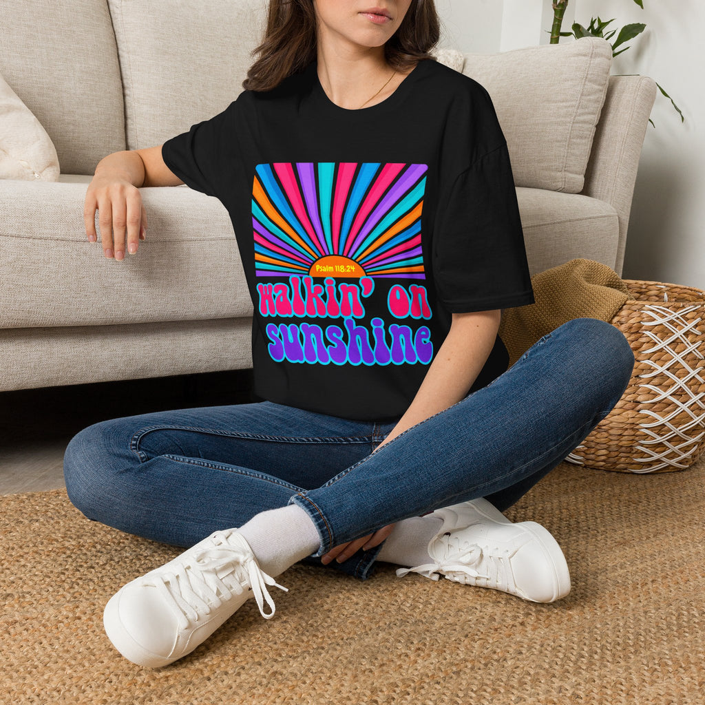 Walkin' On Sunshine Lords Glory with Lori Psalm 118:24 Retro T-Shirt — 70s Rainbow Sun Graphic Tee