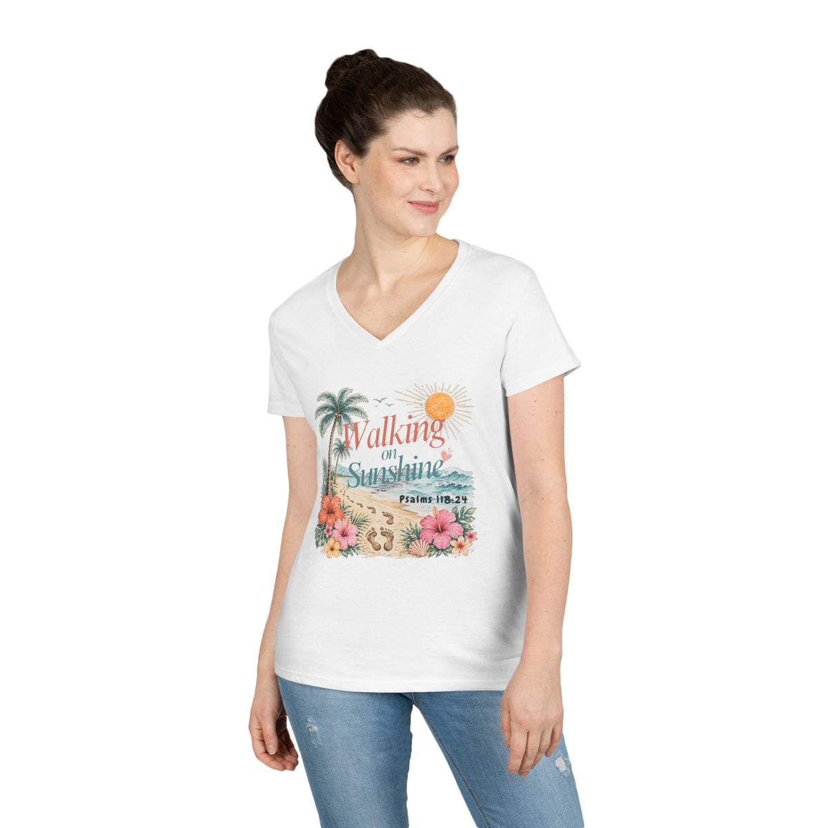 Walking on Sunshine V-Neck T-Shirt — Floral Beach Christian Psalm Tee