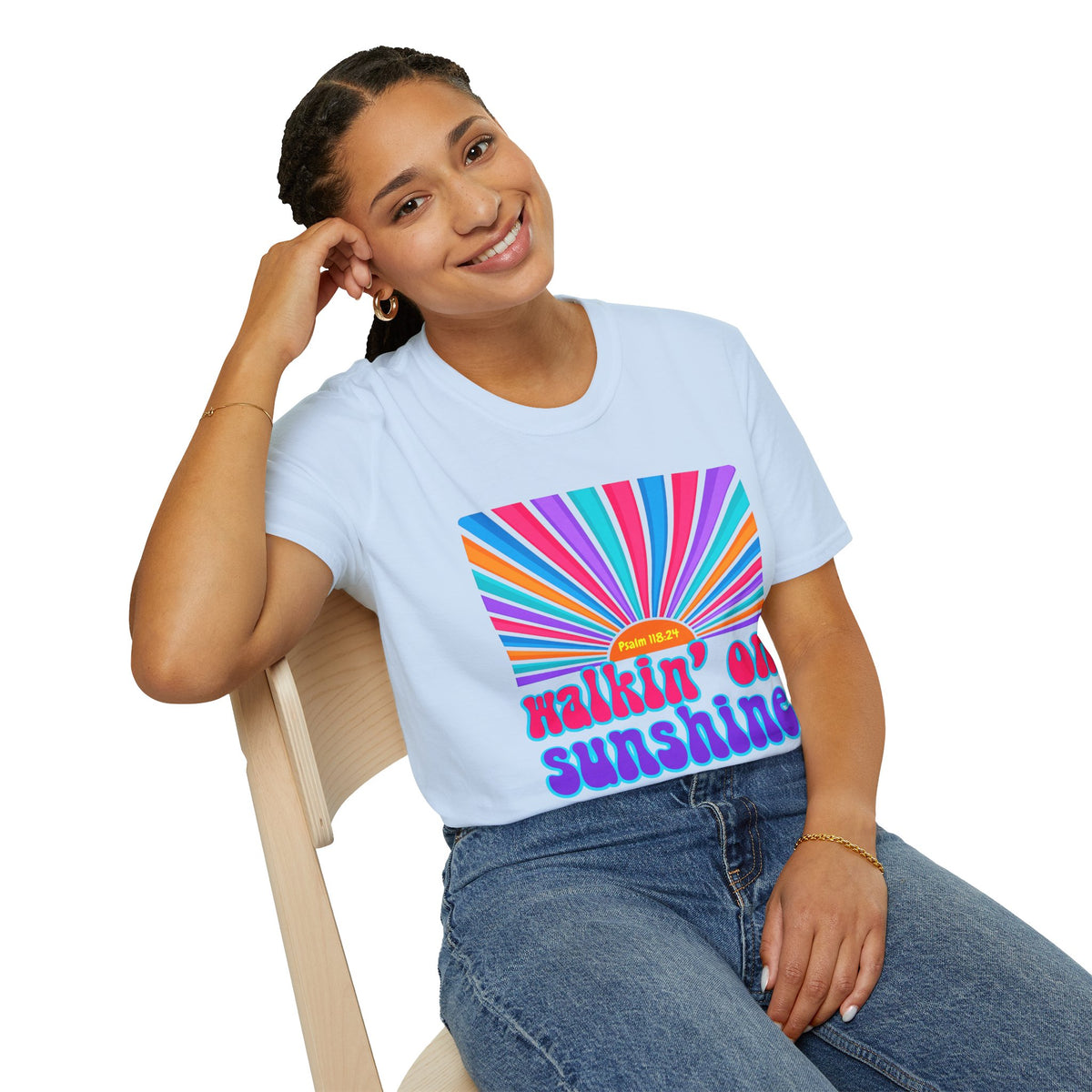 Walkin' On Sunshine Lords Glory with Lori Psalm 118:24 Retro T-Shirt — 70s Rainbow Sun Graphic Tee