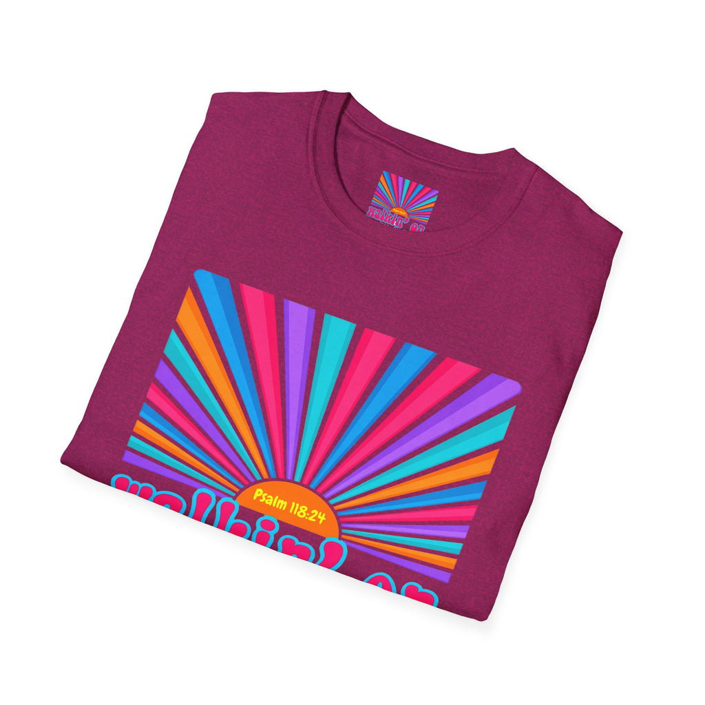 Walkin' On Sunshine Lords Glory with Lori Psalm 118:24 Retro T-Shirt — 70s Rainbow Sun Graphic Tee