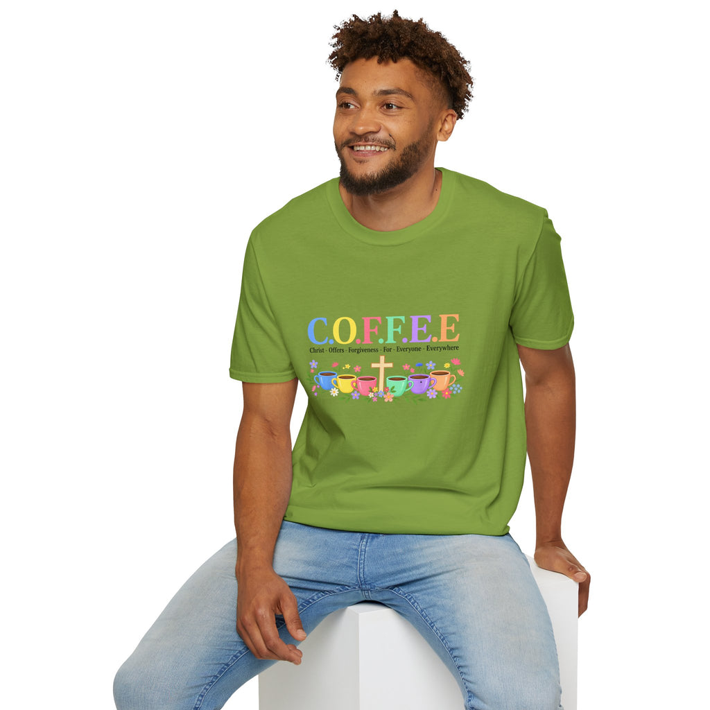 Coffee Lover Floral Graphic - C.o.f.f.e.e. (Christ - Offers - Forgiveness - For Everyone - Everywhere)  Softstyle T-Shirt