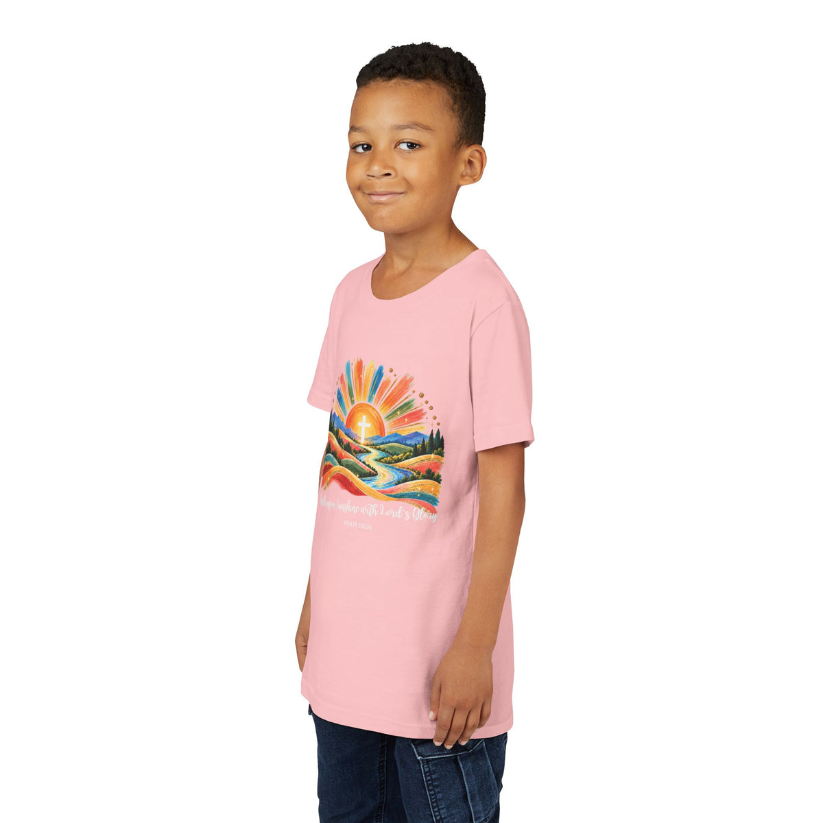 Youth Short Sleeve Tee – Walking On Sunshine with Lords Colorful Christian Sunrise Faith Shirt