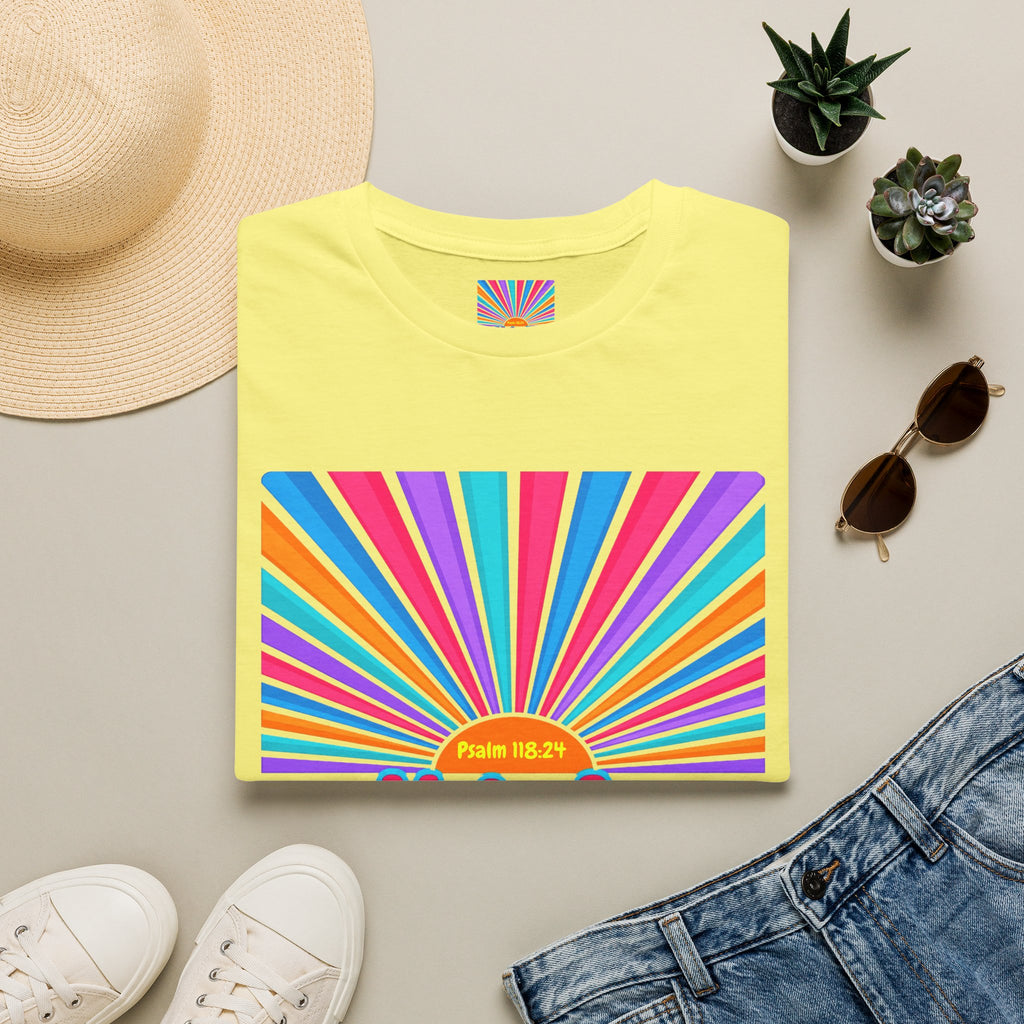 Walkin' On Sunshine Lords Glory with Lori Psalm 118:24 Retro T-Shirt — 70s Rainbow Sun Graphic Tee