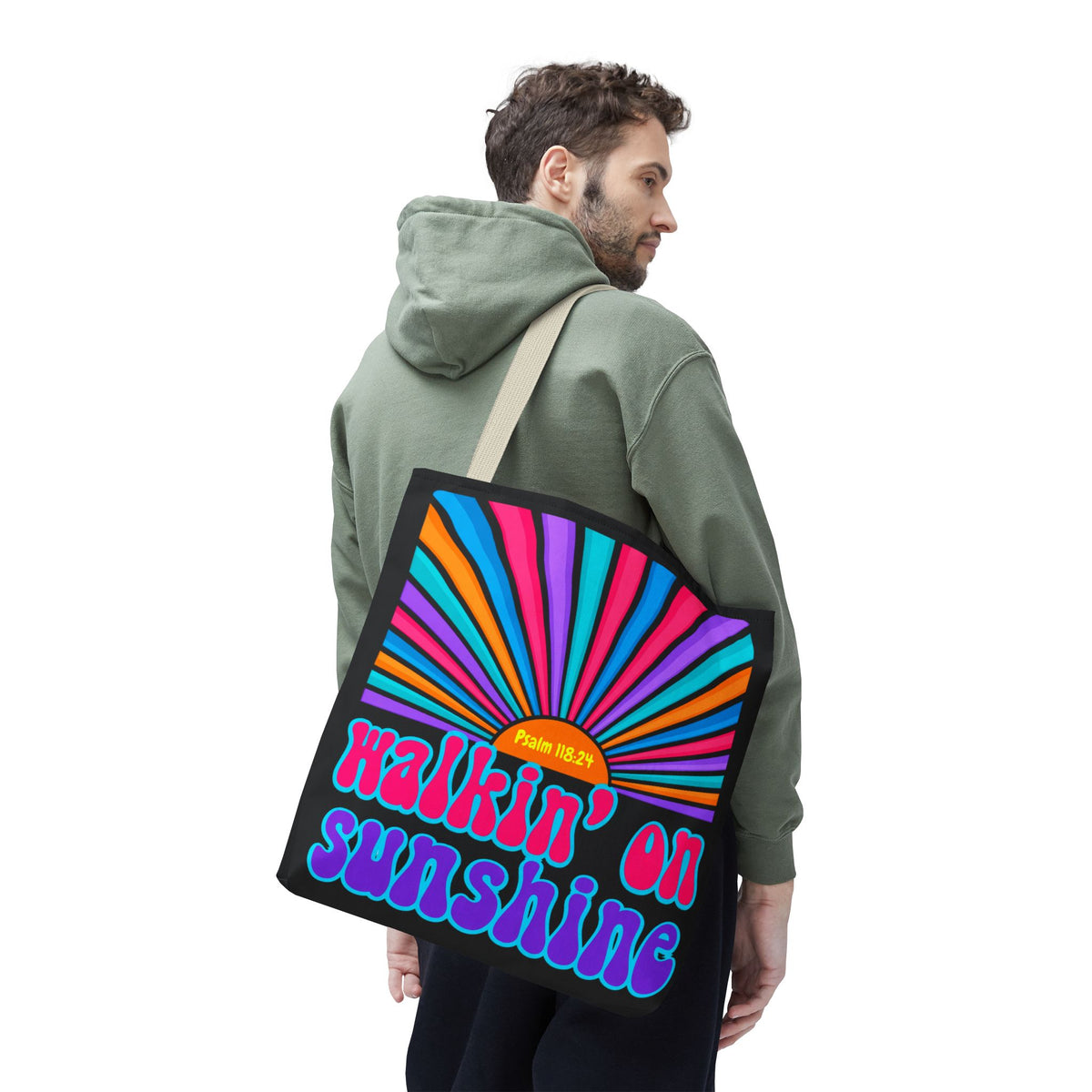 Lords Glory Sunrise Graphic Tote Bag — “Walkin' on Sunshine” Retro Psalm 118:24 Cotton AOP