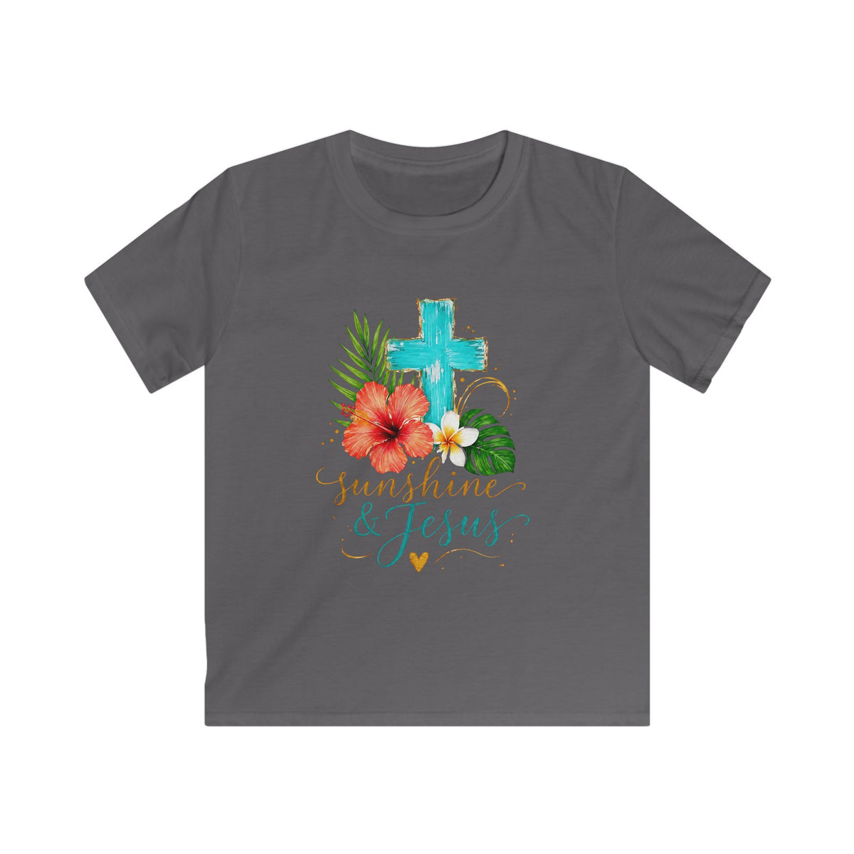 Kids Tee — Sunshine & Jesus Floral Cross Christian Graphic