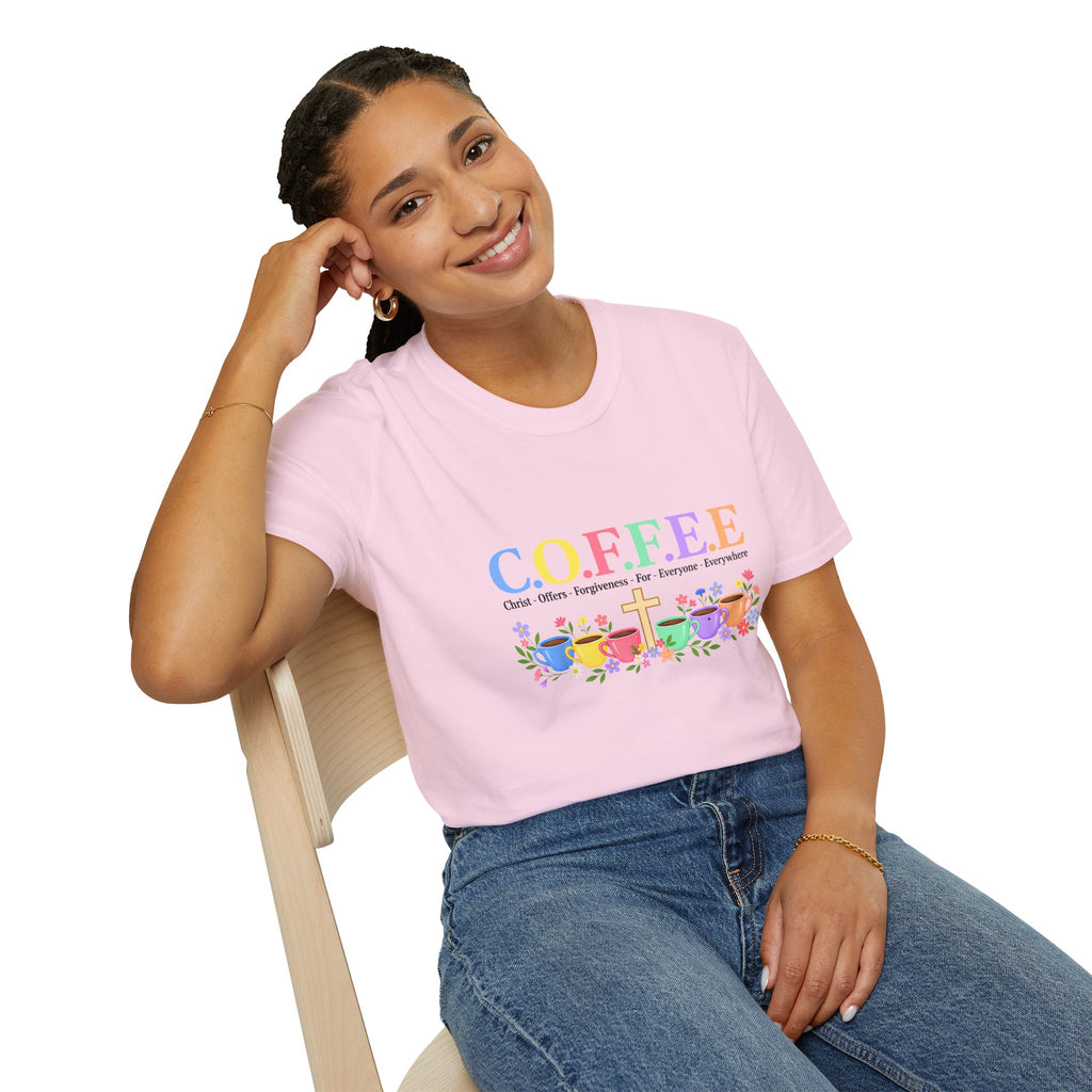 Coffee Lover Floral Graphic - C.o.f.f.e.e. (Christ - Offers - Forgiveness - For Everyone - Everywhere)  Softstyle T-Shirt
