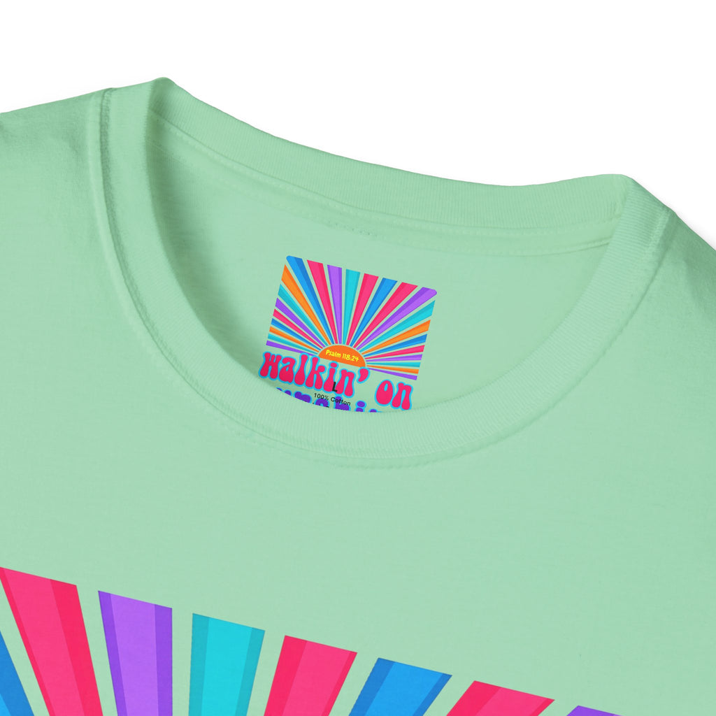 Walkin' On Sunshine Lords Glory with Lori Psalm 118:24 Retro T-Shirt — 70s Rainbow Sun Graphic Tee