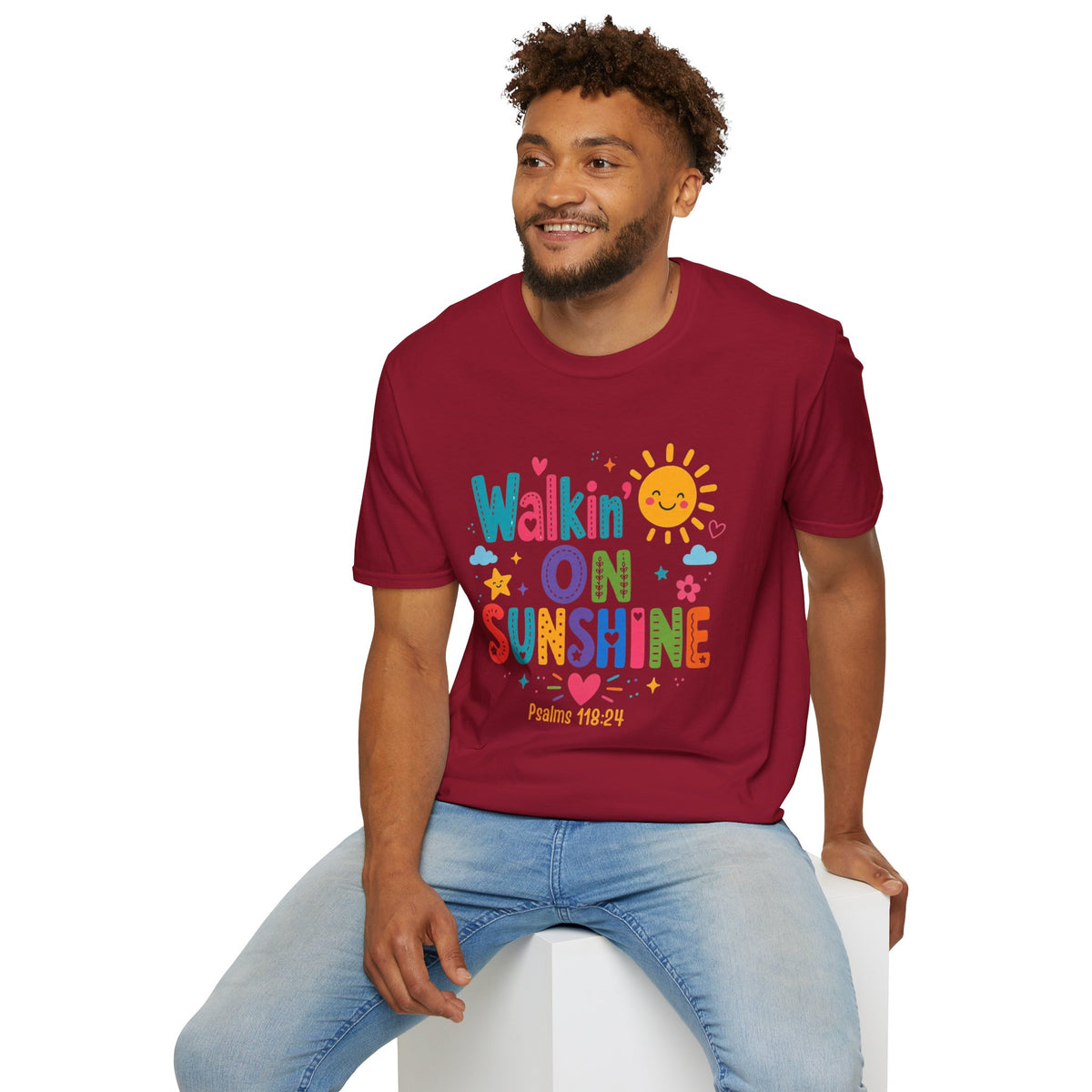 T-Shirt — "Walkin' on Sunshine" Bright Retro Sun Graphic Tee ‭‭Psalms‬ ‭118‬:‭24‬ ‭