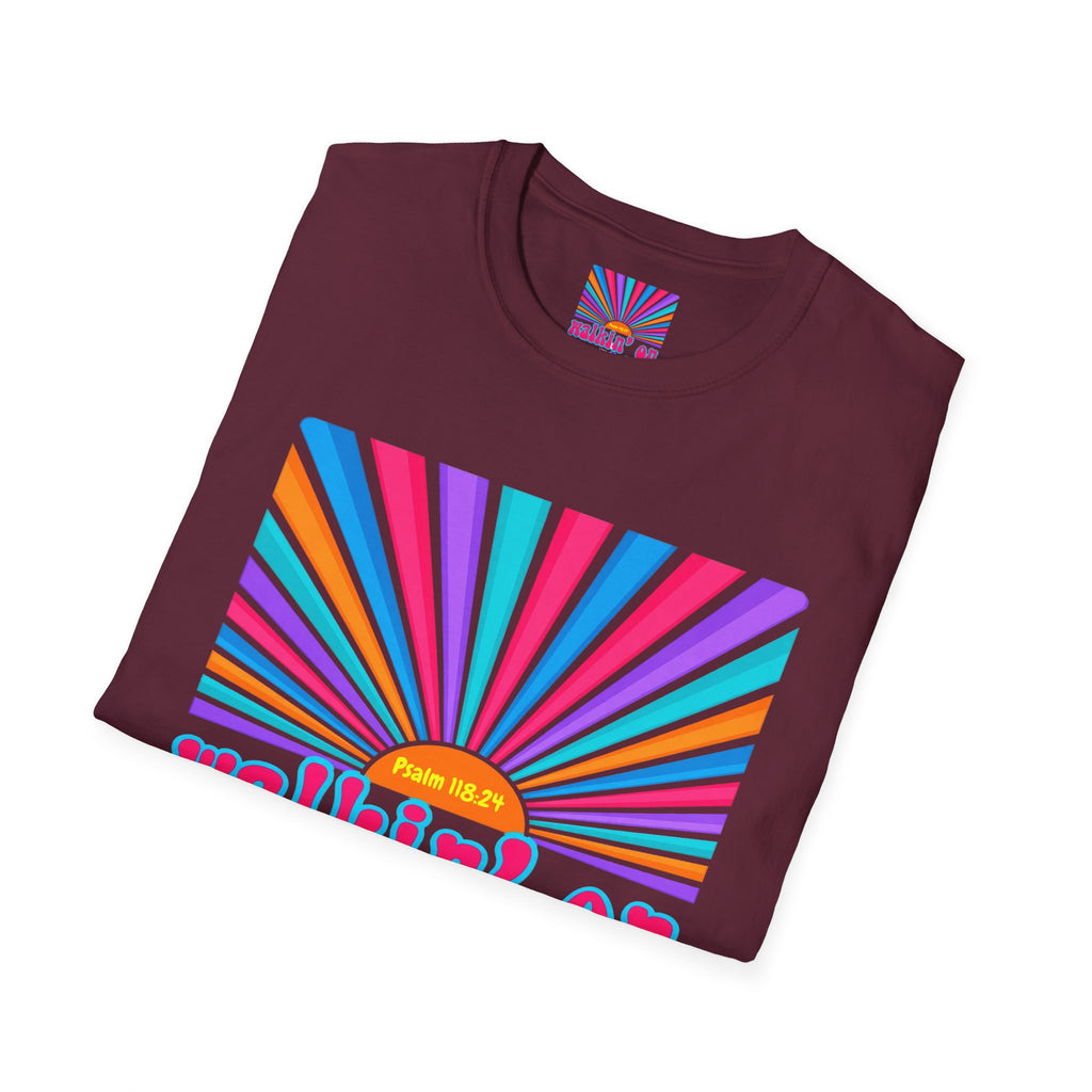 Walkin' On Sunshine Lords Glory with Lori Psalm 118:24 Retro T-Shirt — 70s Rainbow Sun Graphic Tee