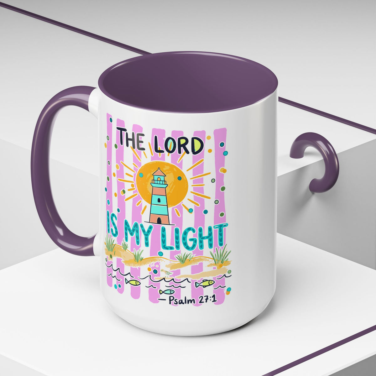 Christian Coffee Mug - "The Lord Is My Light" Lighthouse Psalm 27:1 Accent Mug