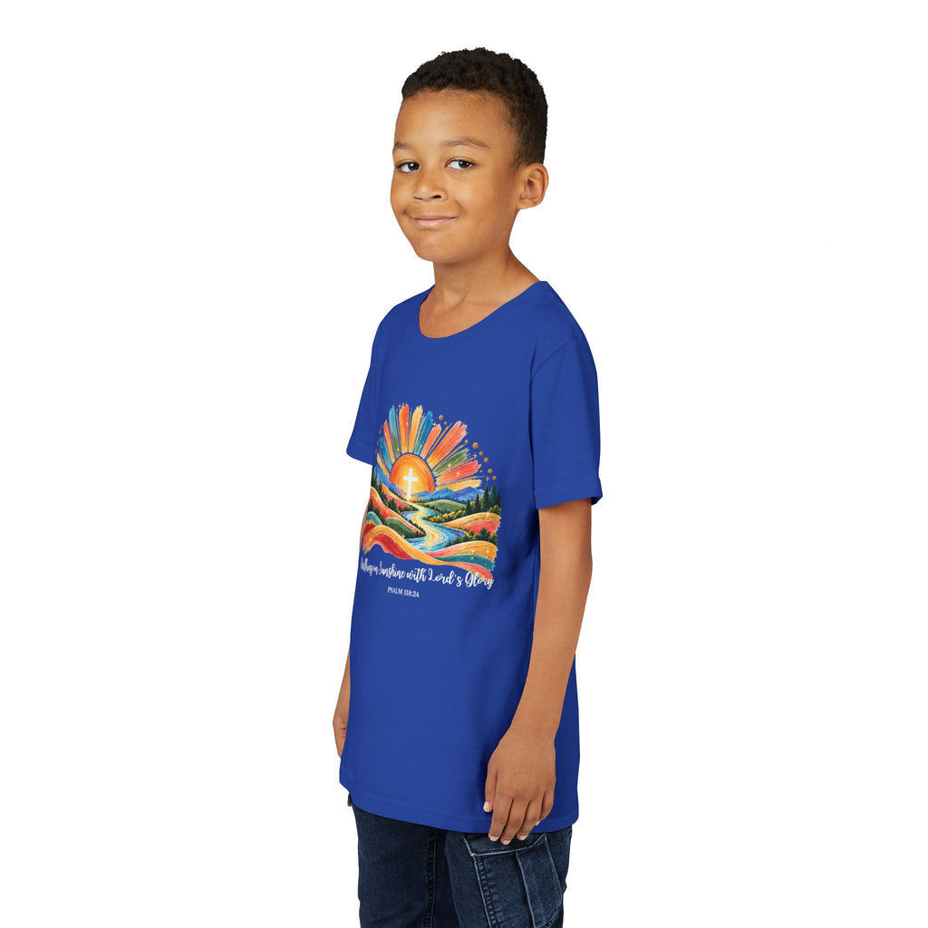 Youth Short Sleeve Tee – Walking On Sunshine with Lords Colorful Christian Sunrise Faith Shirt