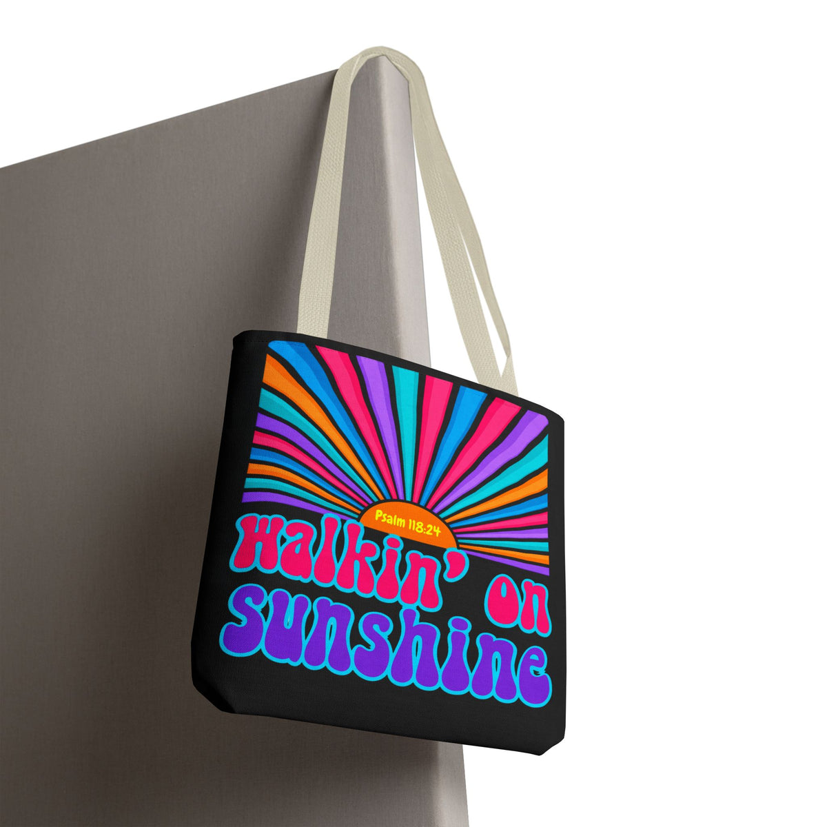 Lords Glory Sunrise Graphic Tote Bag — “Walkin' on Sunshine” Retro Psalm 118:24 Cotton AOP