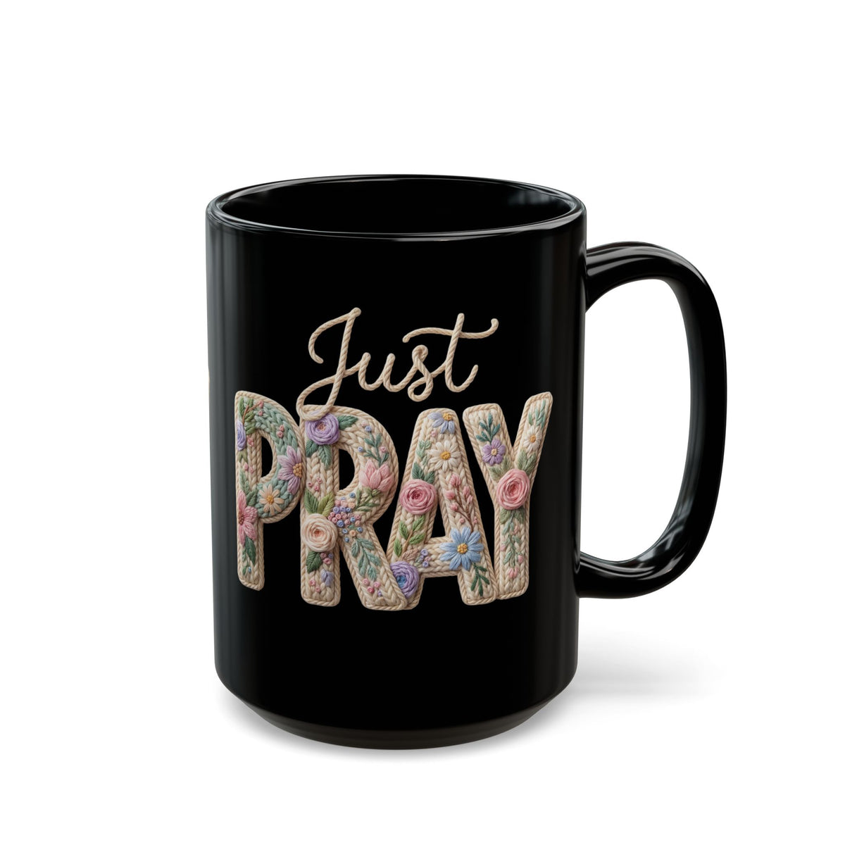 Just Pray floral typography Mug | Black coffee cup