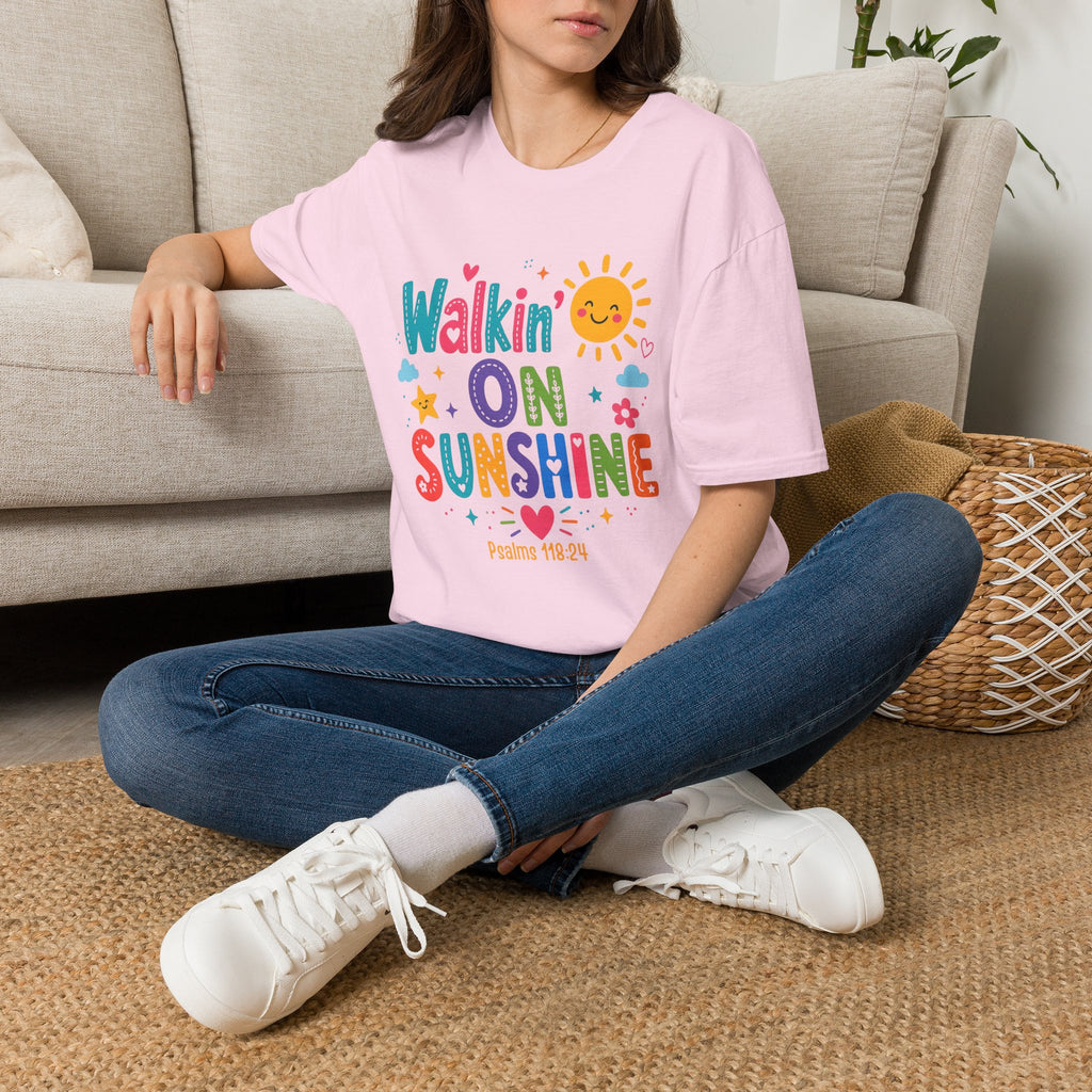 T-Shirt — "Walkin' on Sunshine" Bright Retro Sun Graphic Tee ‭‭Psalms‬ ‭118‬:‭24‬ ‭