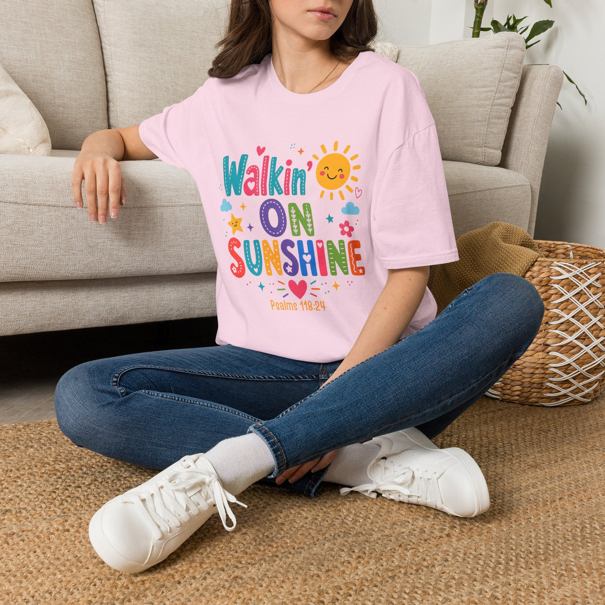 T-Shirt — "Walkin' on Sunshine" Bright Retro Sun Graphic Tee ‭‭Psalms‬ ‭118‬:‭24‬ ‭