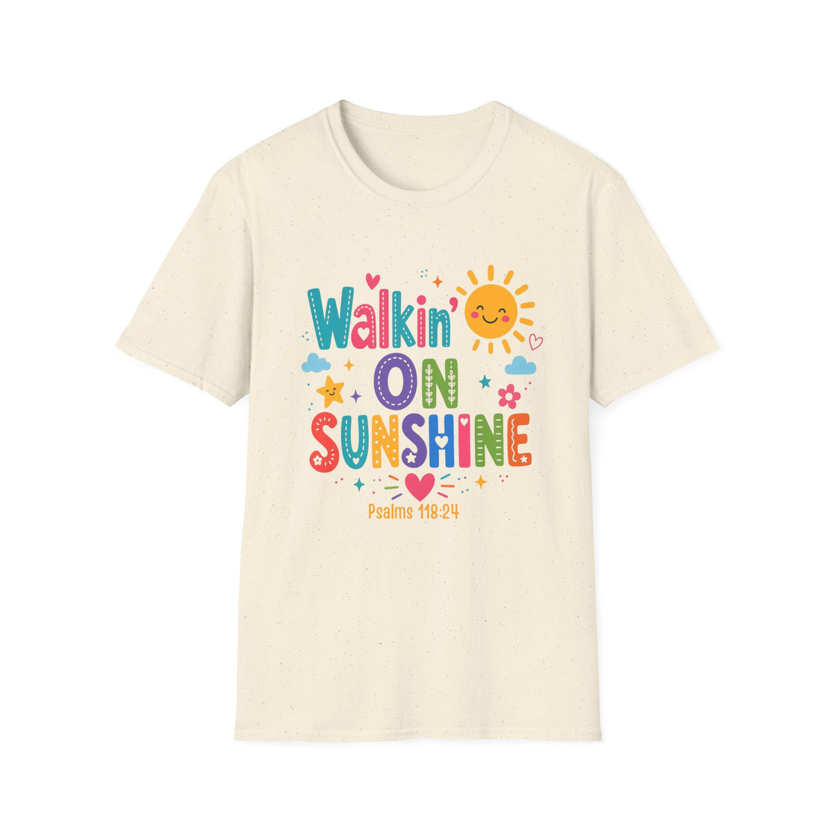 T-Shirt — "Walkin' on Sunshine" Bright Retro Sun Graphic Tee ‭‭Psalms‬ ‭118‬:‭24‬ ‭