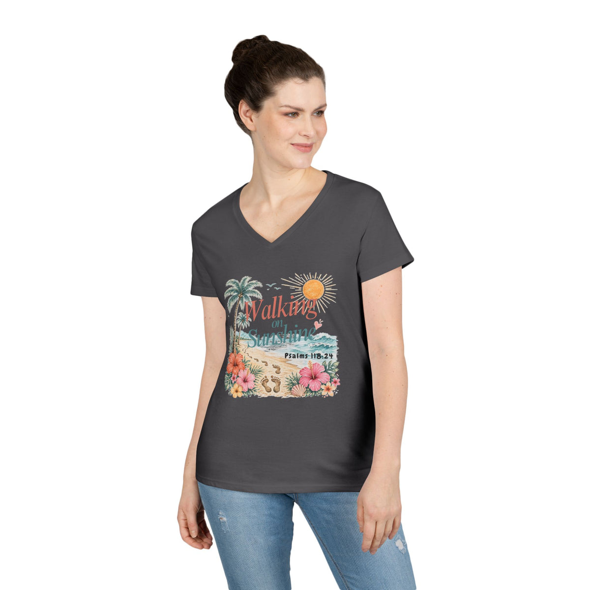 Walking on Sunshine V-Neck T-Shirt — Floral Beach Christian Psalm Tee