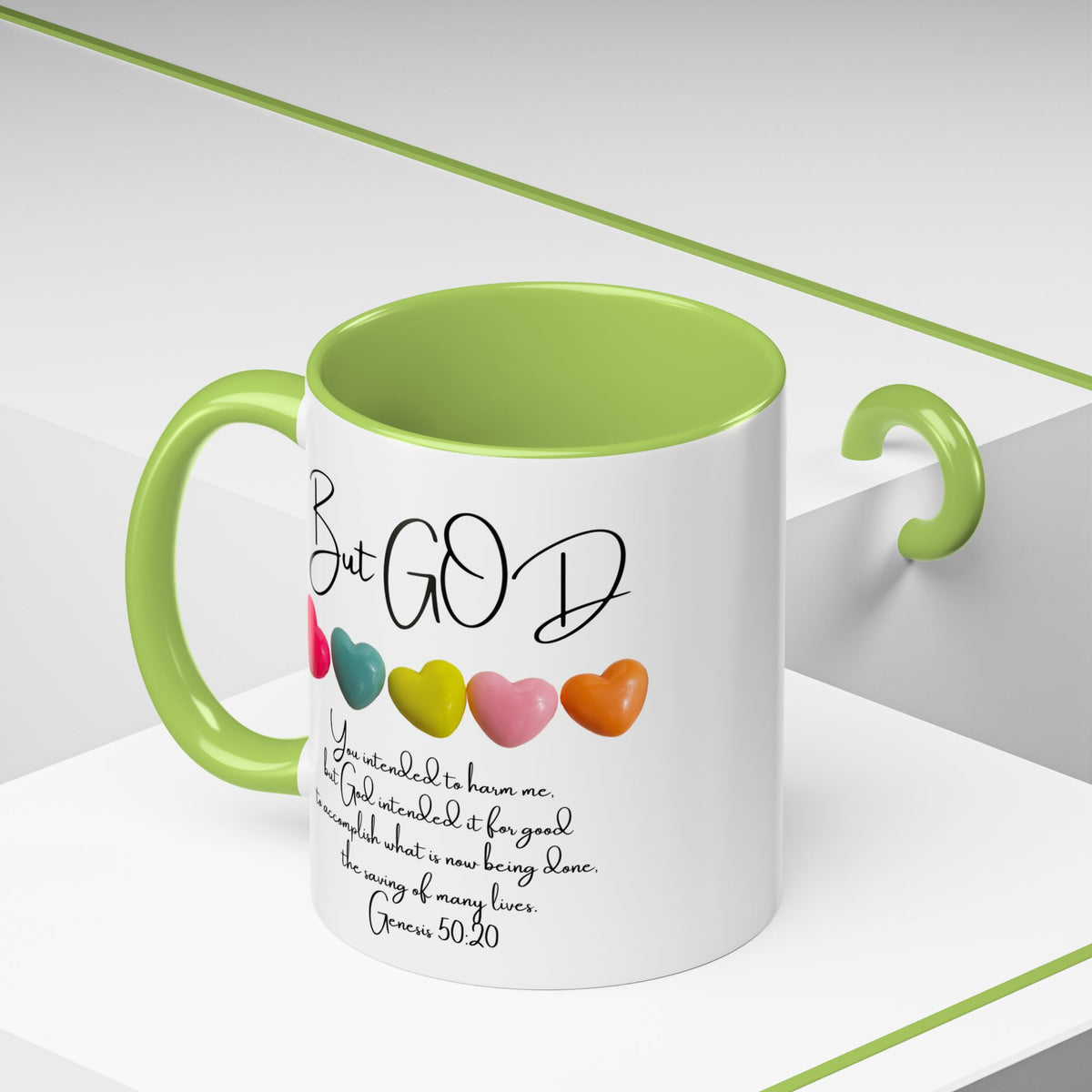 But God Scripture Coffee Mug — Genesis 50:20 Inspirational Heart Accent Mug (11/15oz)