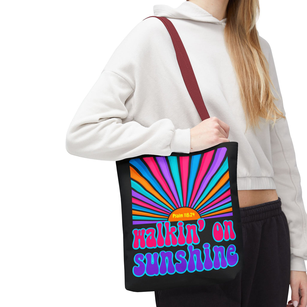 Lords Glory Sunrise Graphic Tote Bag — “Walkin' on Sunshine” Retro Psalm 118:24 Cotton AOP