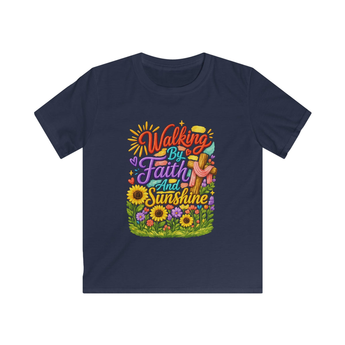 Kids T‑Shirt – "Walking by Faith and Sunshine" Colorful Floral Tee