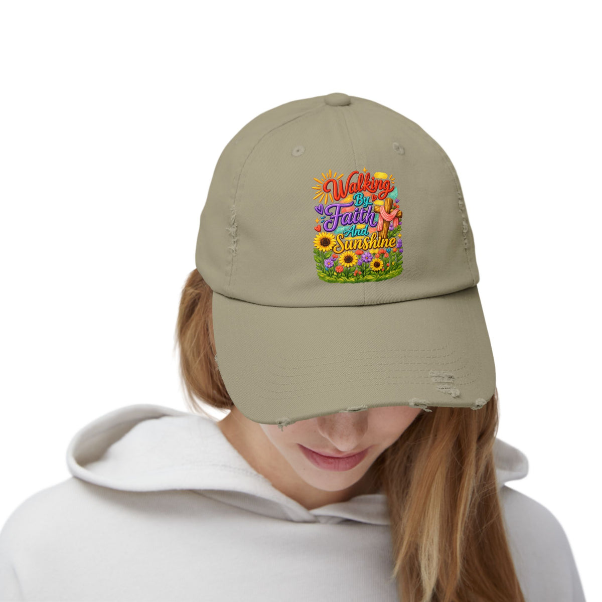 Walking by Faith and Sunshine Distressed Baseball Cap