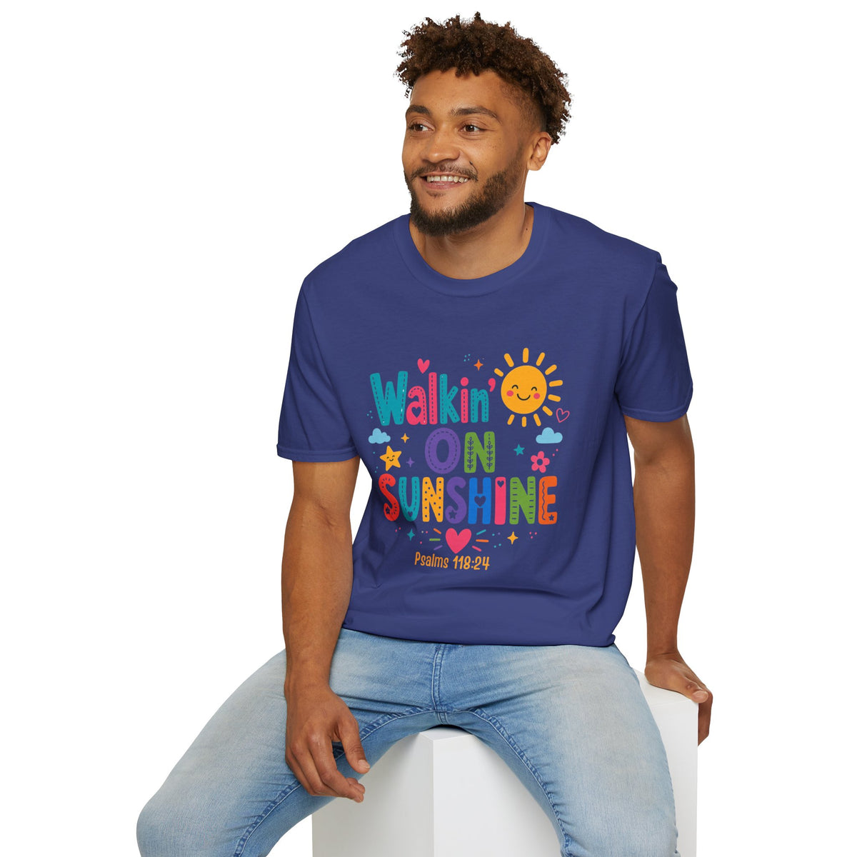 T-Shirt — "Walkin' on Sunshine" Bright Retro Sun Graphic Tee ‭‭Psalms‬ ‭118‬:‭24‬ ‭
