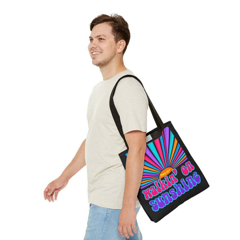 Lords Glory Sunrise Graphic Tote Bag — “Walkin' on Sunshine” Retro Psalm 118:24 Cotton AOP