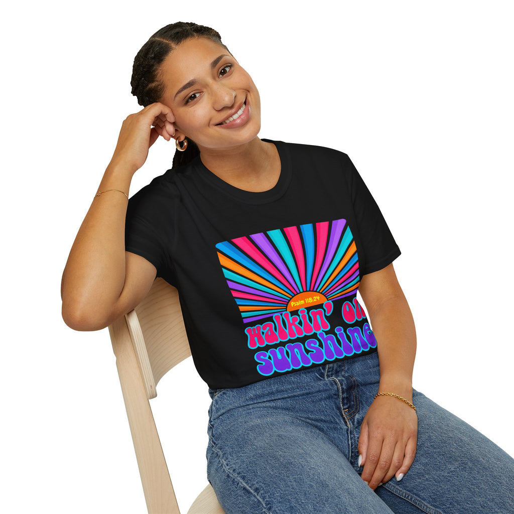 Walkin' On Sunshine Lords Glory with Lori Psalm 118:24 Retro T-Shirt — 70s Rainbow Sun Graphic Tee