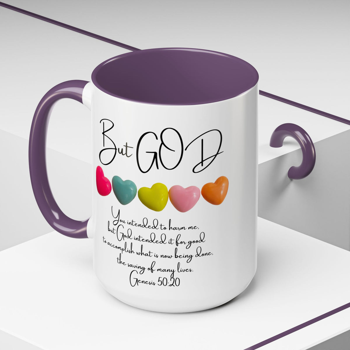 But God Scripture Coffee Mug — Genesis 50:20 Inspirational Heart Accent Mug (11/15oz)