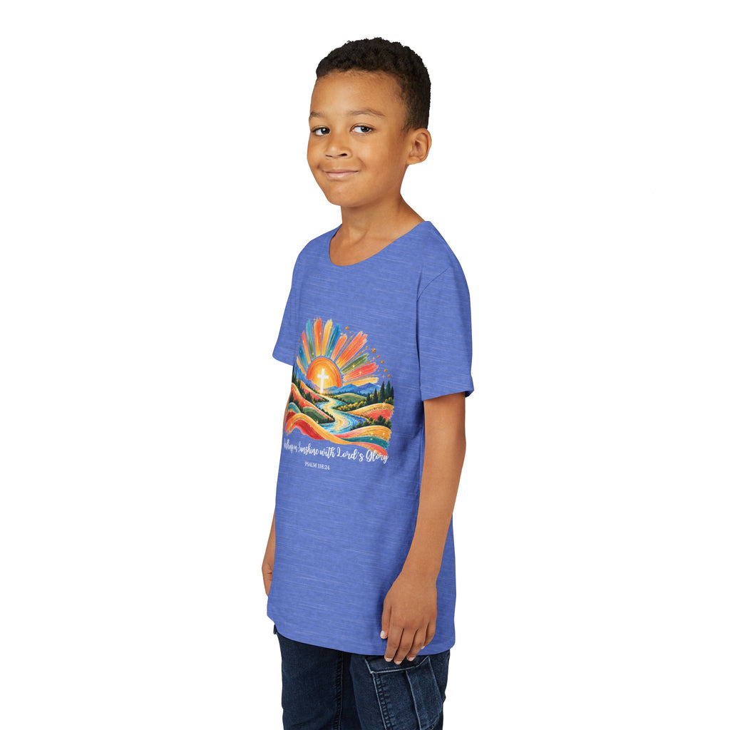 Youth Short Sleeve Tee – Walking On Sunshine with Lords Colorful Christian Sunrise Faith Shirt