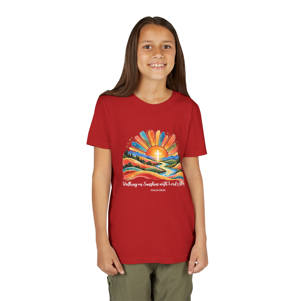 Youth Short Sleeve Tee – Walking On Sunshine with Lords Colorful Christian Sunrise Faith Shirt