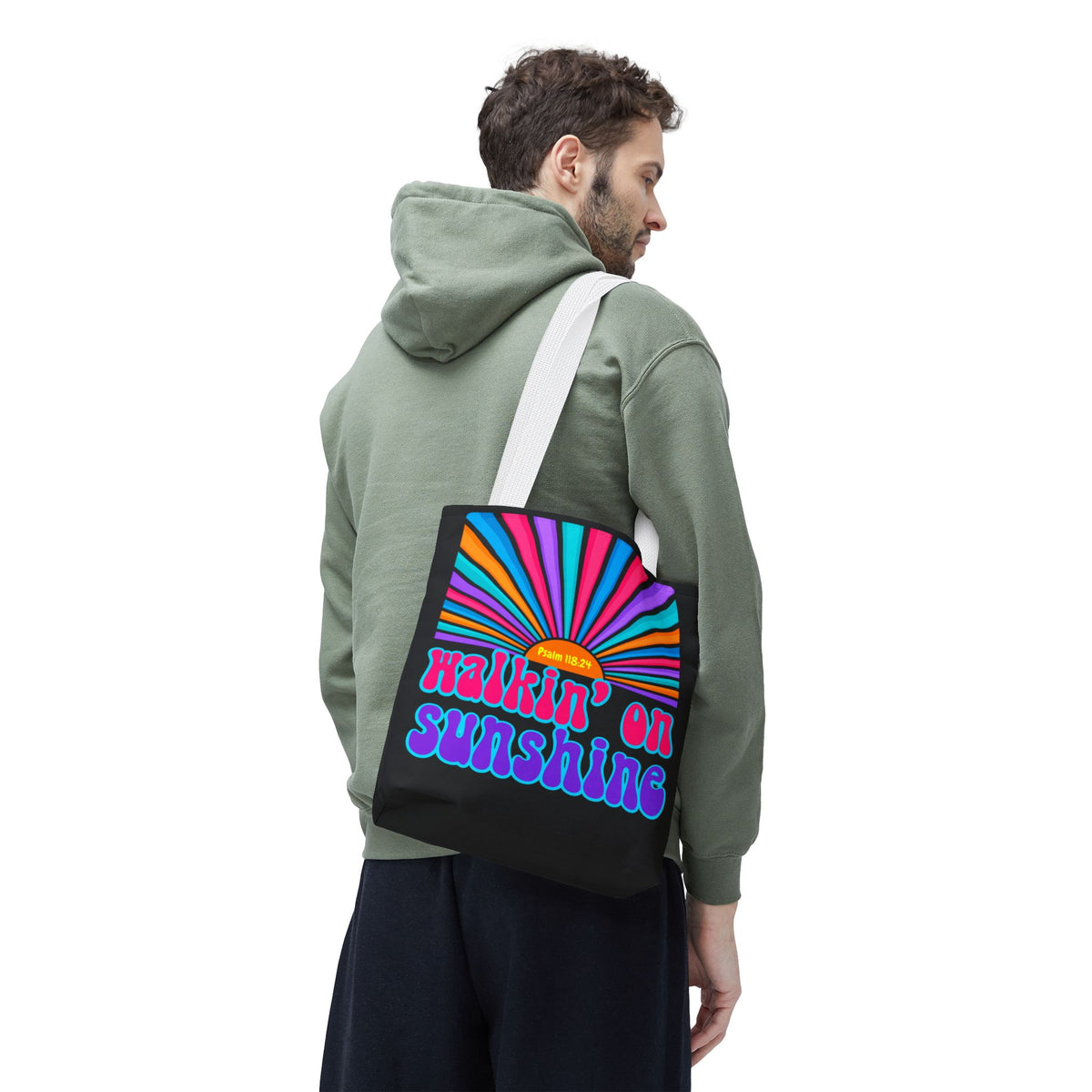 Lords Glory Sunrise Graphic Tote Bag — “Walkin' on Sunshine” Retro Psalm 118:24 Cotton AOP
