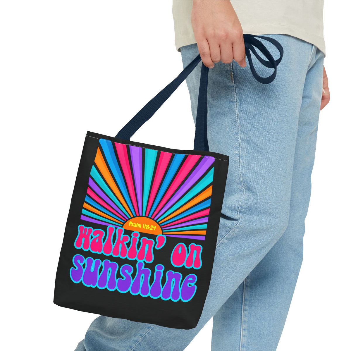 Lords Glory Sunrise Graphic Tote Bag — “Walkin' on Sunshine” Retro Psalm 118:24 Cotton AOP