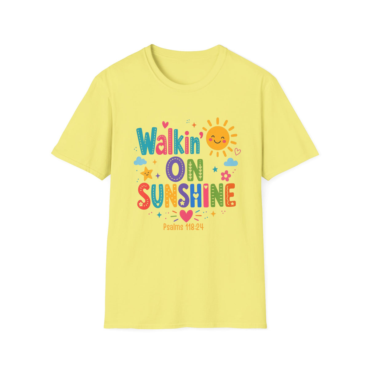 T-Shirt — "Walkin' on Sunshine" Bright Retro Sun Graphic Tee ‭‭Psalms‬ ‭118‬:‭24‬ ‭