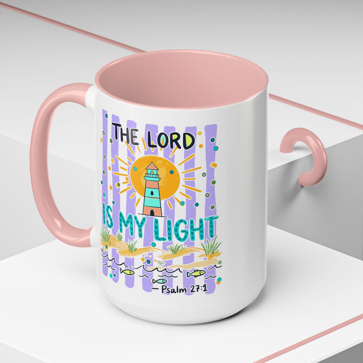 Accent Coffee Mug — “The Lord Is My Light” Lighthouse Bible Verse (Psalm 27:1)