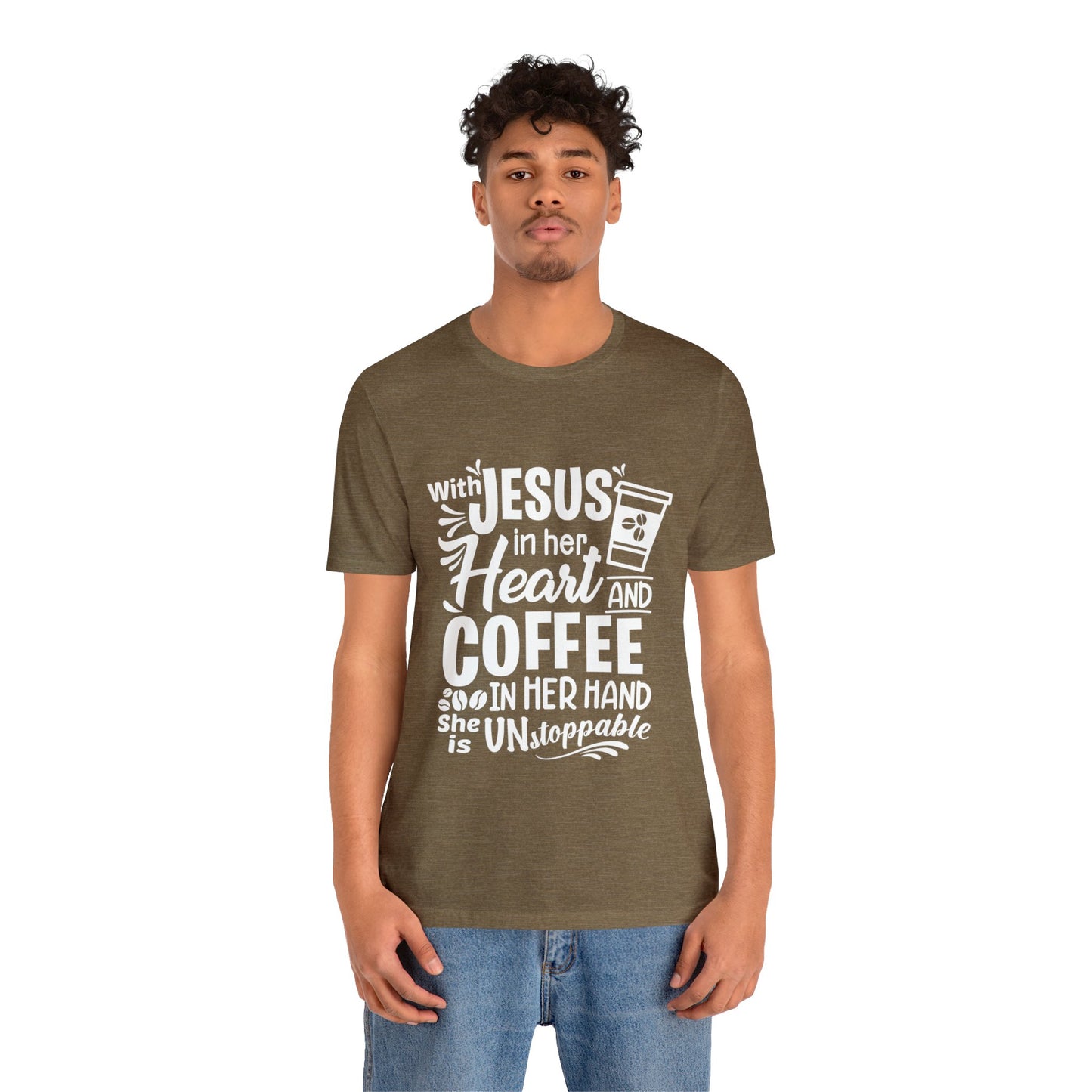 JESUS in Her Heart and Coffee - Woman's Jersey Short Sleeve Tee