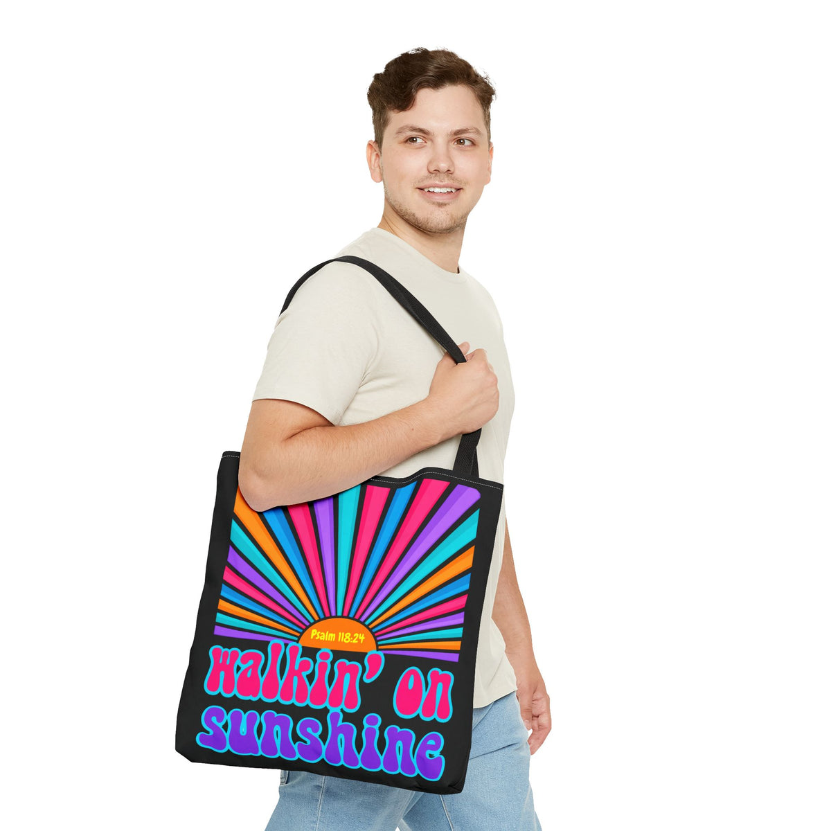 Lords Glory Sunrise Graphic Tote Bag — “Walkin' on Sunshine” Retro Psalm 118:24 Cotton AOP