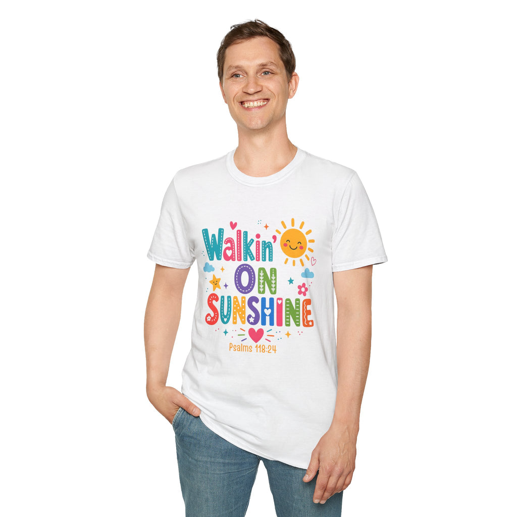 T-Shirt — "Walkin' on Sunshine" Bright Retro Sun Graphic Tee ‭‭Psalms‬ ‭118‬:‭24‬ ‭