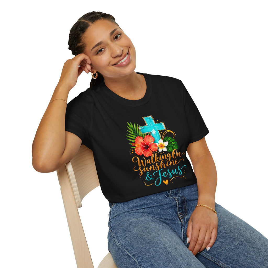 Walking on Sunshine & Jesus Floral Cross T-Shirt