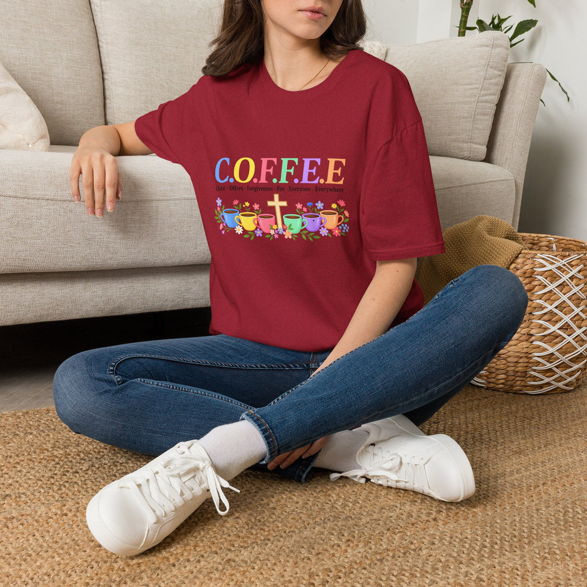 Coffee Lover Floral Graphic - C.o.f.f.e.e. (Christ - Offers - Forgiveness - For Everyone - Everywhere)  Softstyle T-Shirt