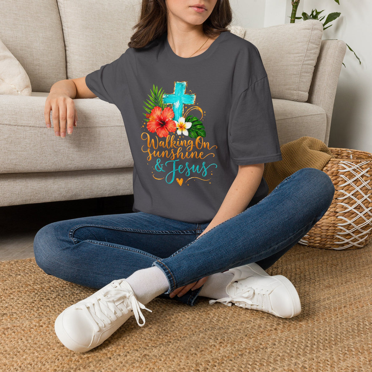 Walking on Sunshine & Jesus Floral Cross T-Shirt
