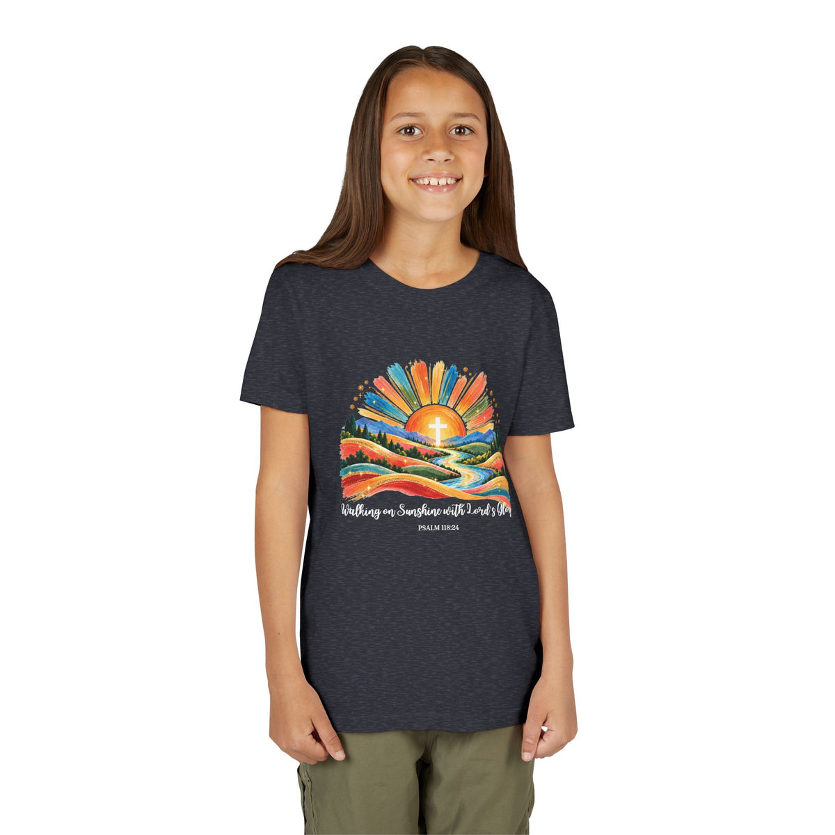Youth Short Sleeve Tee – Walking On Sunshine with Lords Colorful Christian Sunrise Faith Shirt
