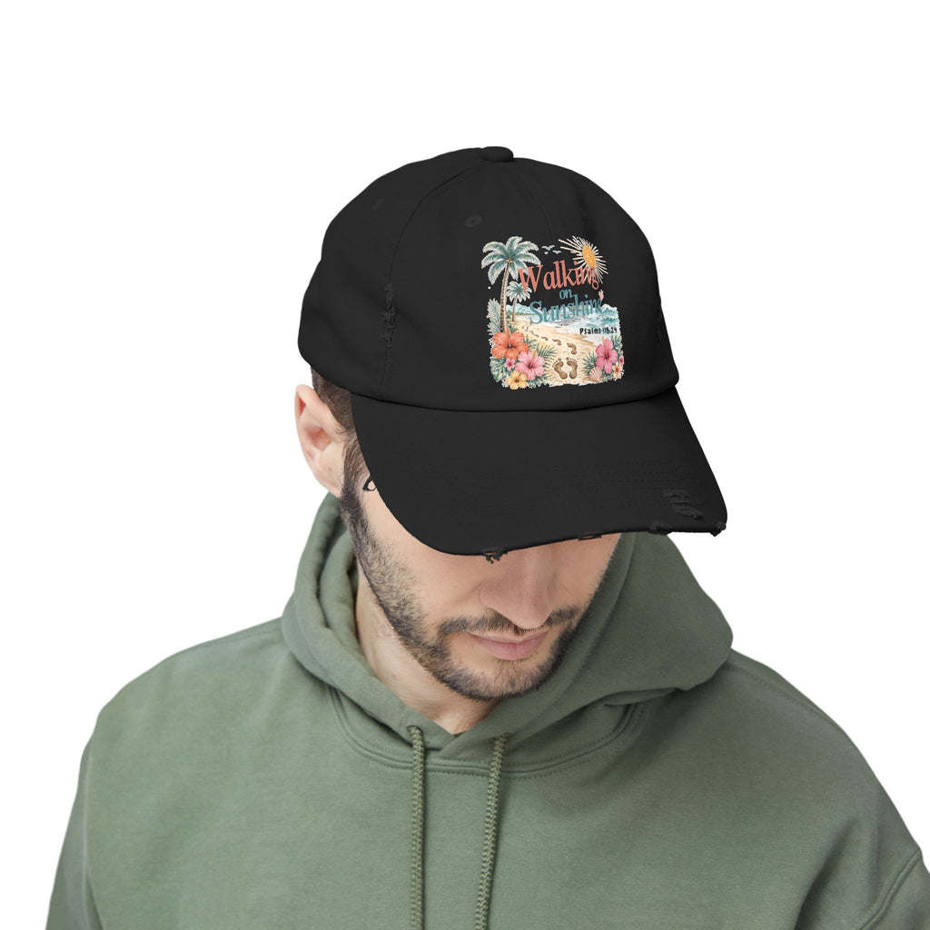 Distressed Cap — "Walk on Sunshine" Tropical Beach Baseball Hat Psalms 118:24