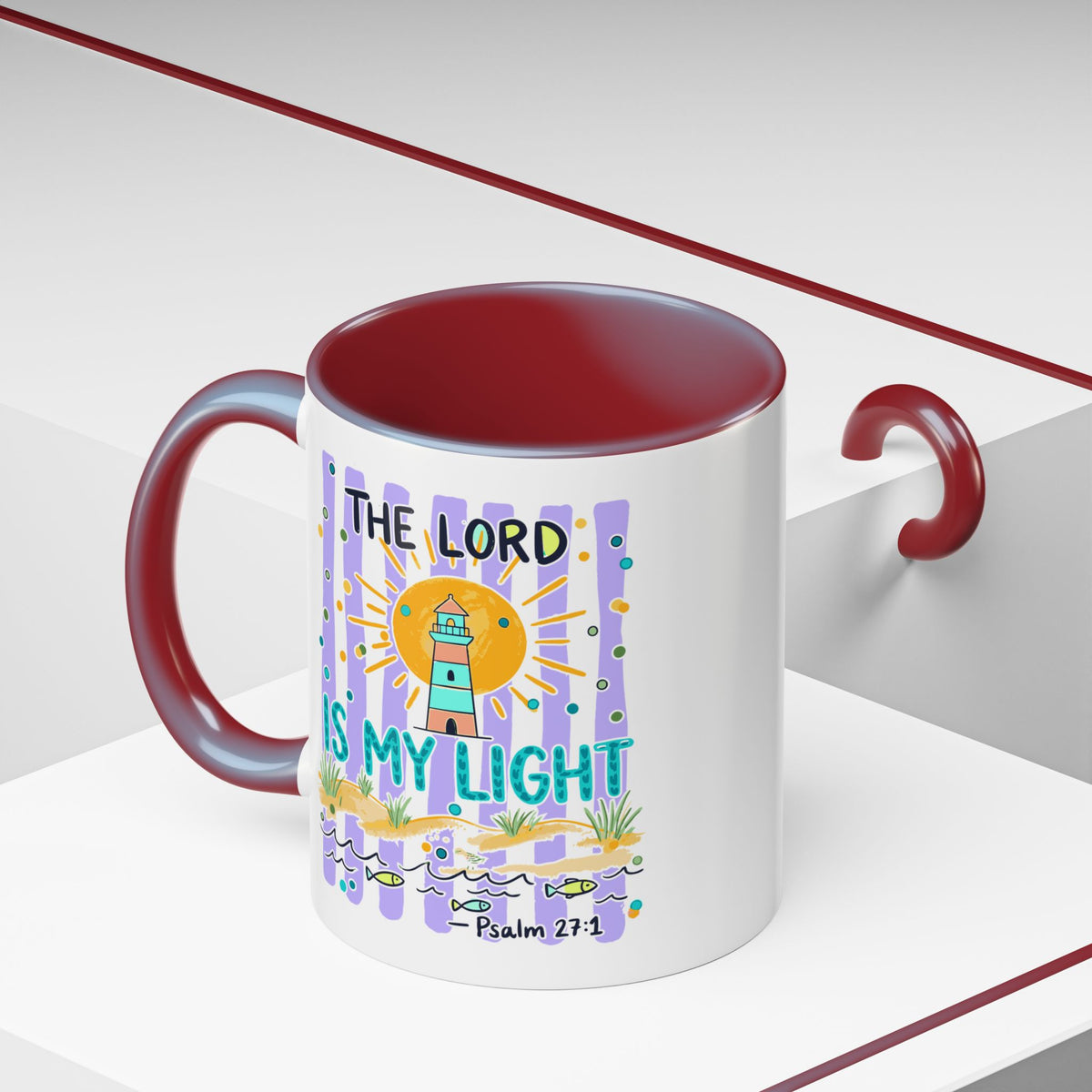 Accent Coffee Mug — “The Lord Is My Light” Lighthouse Bible Verse (Psalm 27:1)