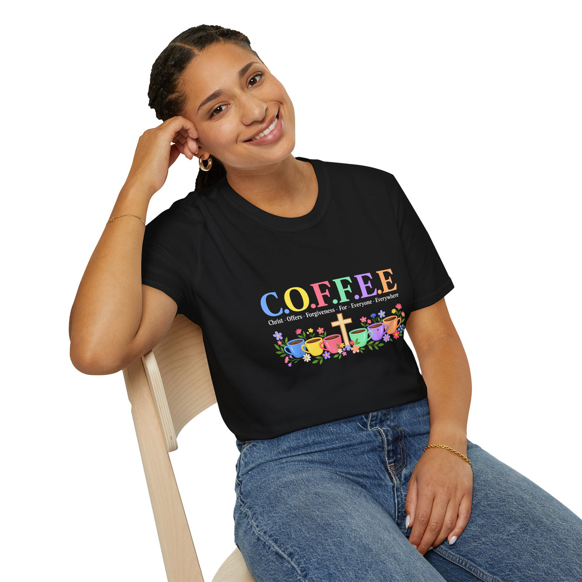 Coffee Lover Floral Graphic - C.o.f.f.e.e. (Christ - Offers - Forgiveness - For Everyone - Everywhere)  Softstyle T-Shirt