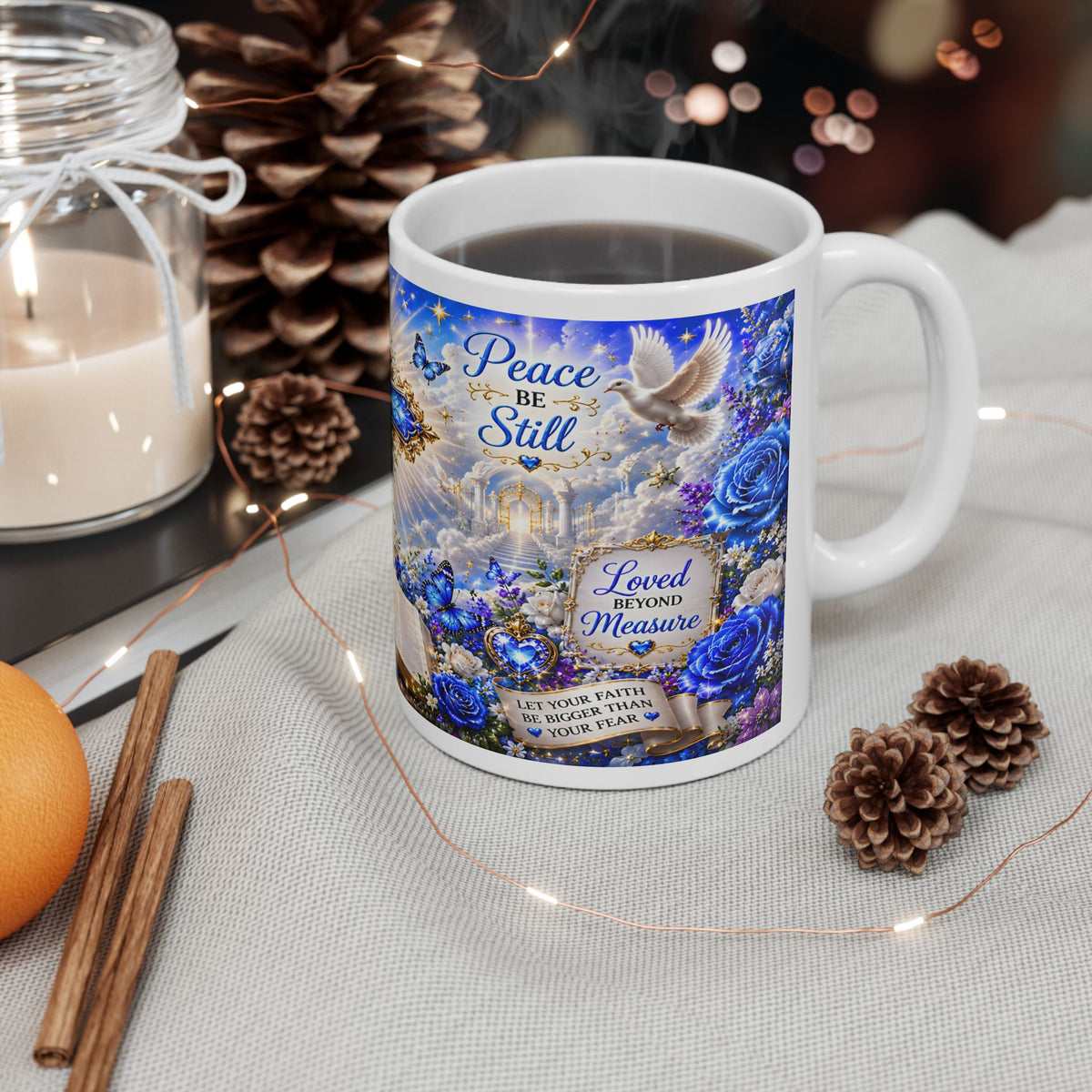 Blue Christian Cross Ceramic Mug with Bible and Floral Design